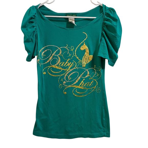 Vintage Y2K Baby Phat Cat Logo Med Rhinestone Green Gold Blouse Old Money Lucky - Picture 1 of 9